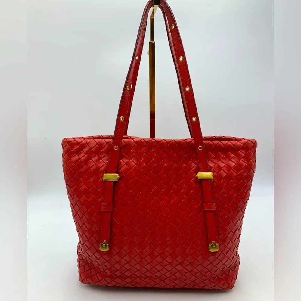 Auth Bottega Veneta Red Intrecciatp Napa Leather Tote Shoulder Bag Preloved